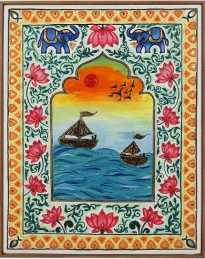 Handmade Indian Ethnic Art | Sunset Boats Painting with Floral Border | Rajasthani Decor