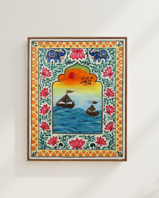 Handmade Indian Ethnic Art | Sunset Boats Painting with Floral Border | Rajasthani Decor