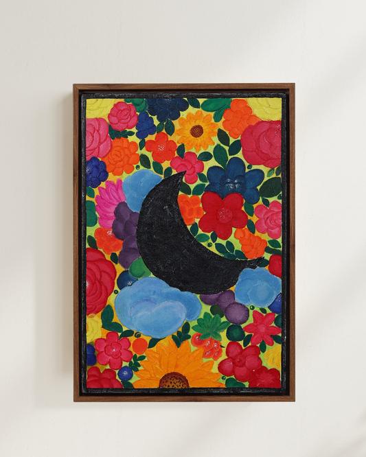 "Midnight Garden" - Textured Floral and Moon Painting