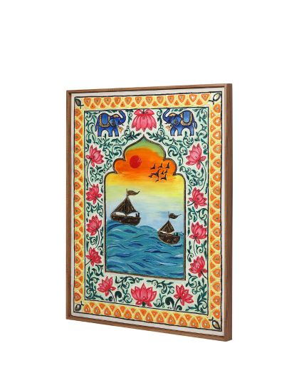 Handmade Indian Ethnic Art | Sunset Boats Painting with Floral Border | Rajasthani Decor