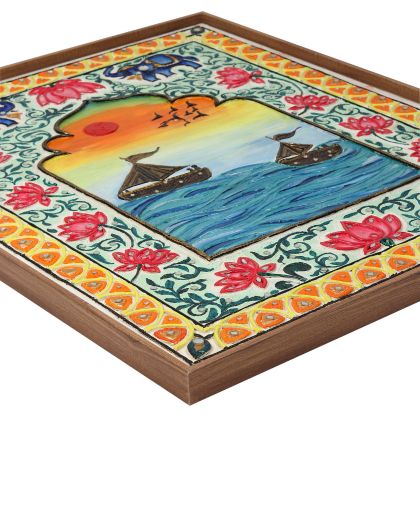 Handmade Indian Ethnic Art | Sunset Boats Painting with Floral Border | Rajasthani Decor