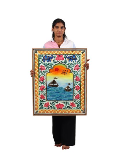 Handmade Indian Ethnic Art | Sunset Boats Painting with Floral Border | Rajasthani Decor