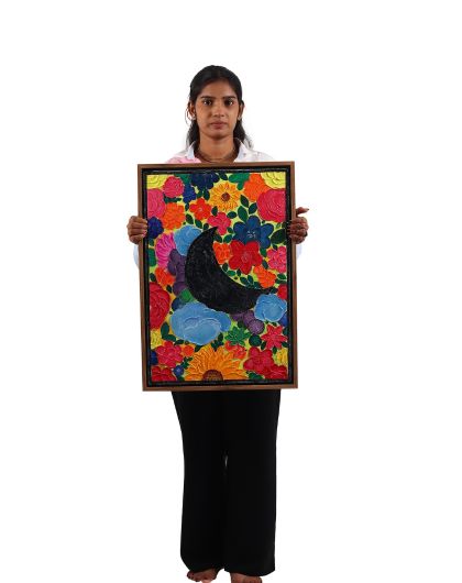 "Midnight Garden" - Textured Floral and Moon Painting