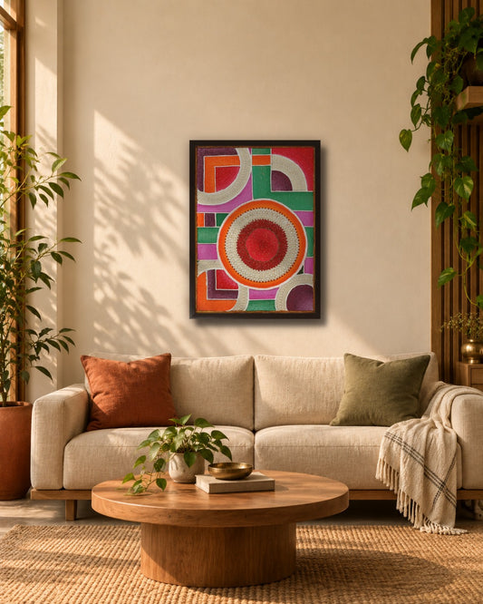Abstract beaded geometric painting hanging above a beige sofa in a warm living room