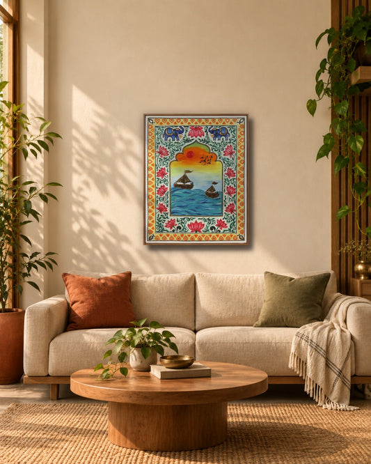 Sunset boats painting with jharokha floral border hanging above a beige sofa in a warm living room