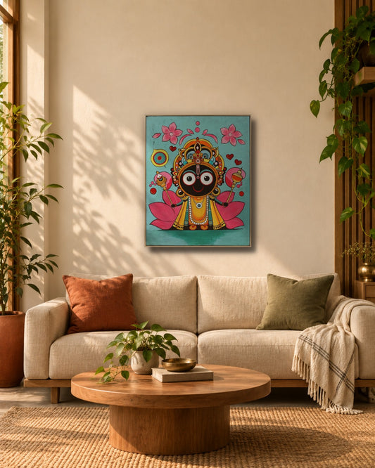 Lord Jagannath painting in gold frame hanging above a beige sofa in a warm living room